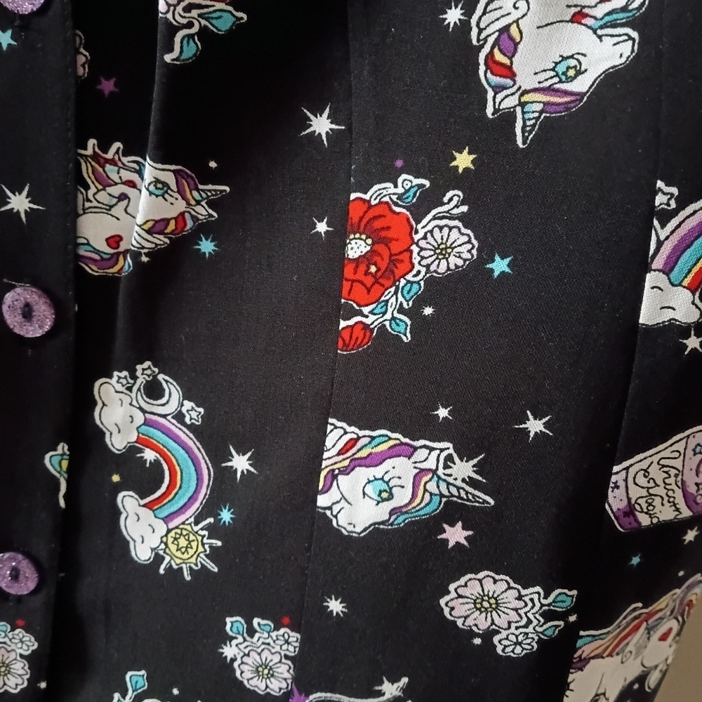 Hell Bunny Unicorn Rockabilly Shirt Black Rainbow & Star Pattern Size M NWT - Picture 6 of 13
